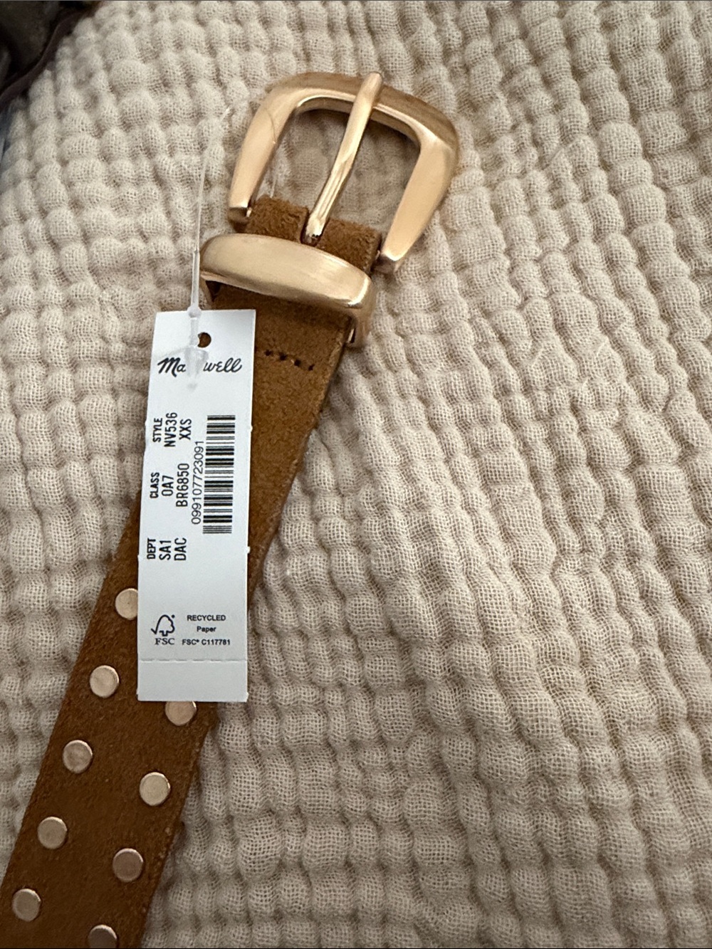 Madewell Suede Studded Belt in Tan/Cognac with Gold Studs Size xxs NWT